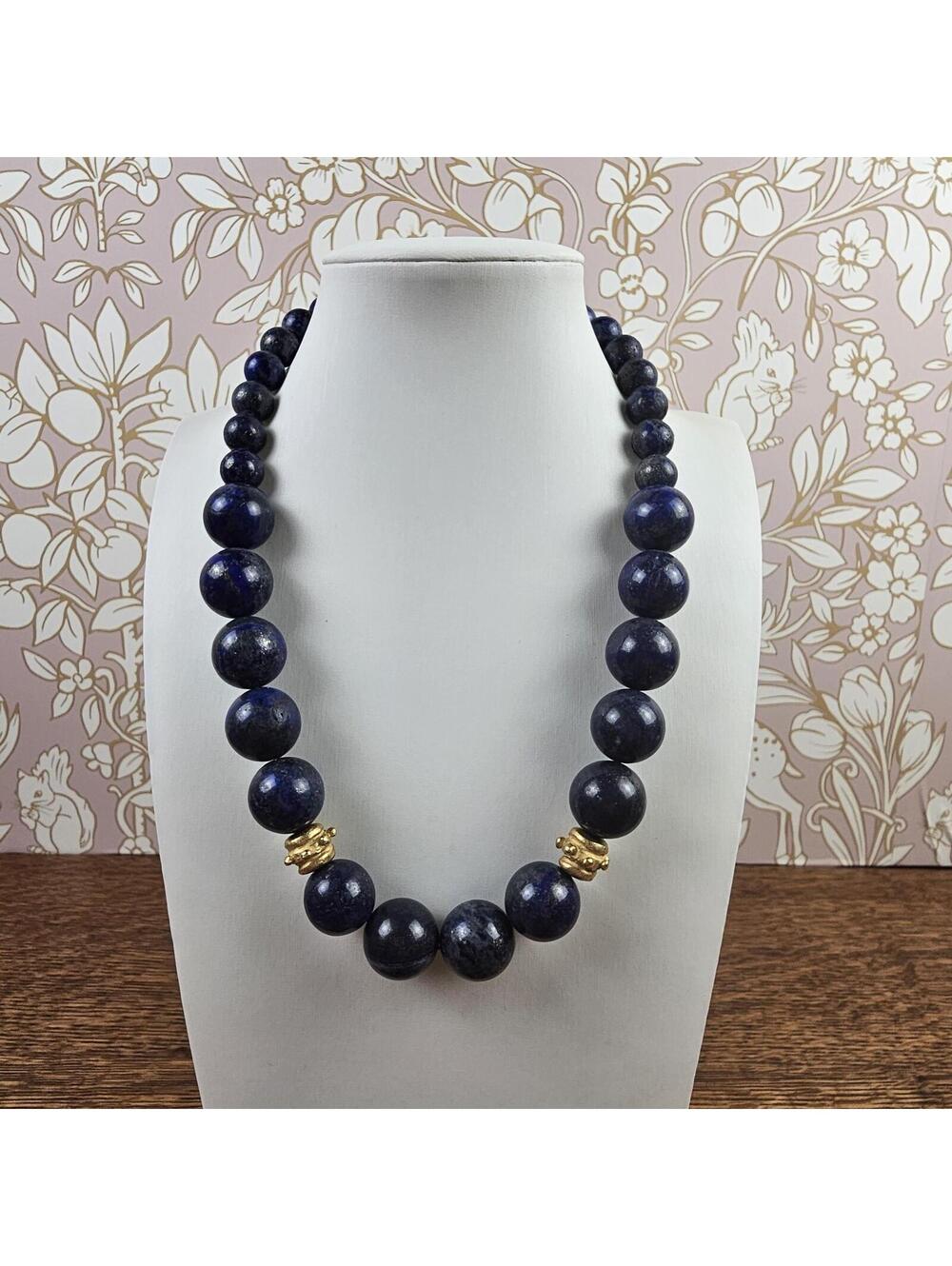 Susan Shaw Lapis Lazuli Beaded Statement Necklace Gold Tone